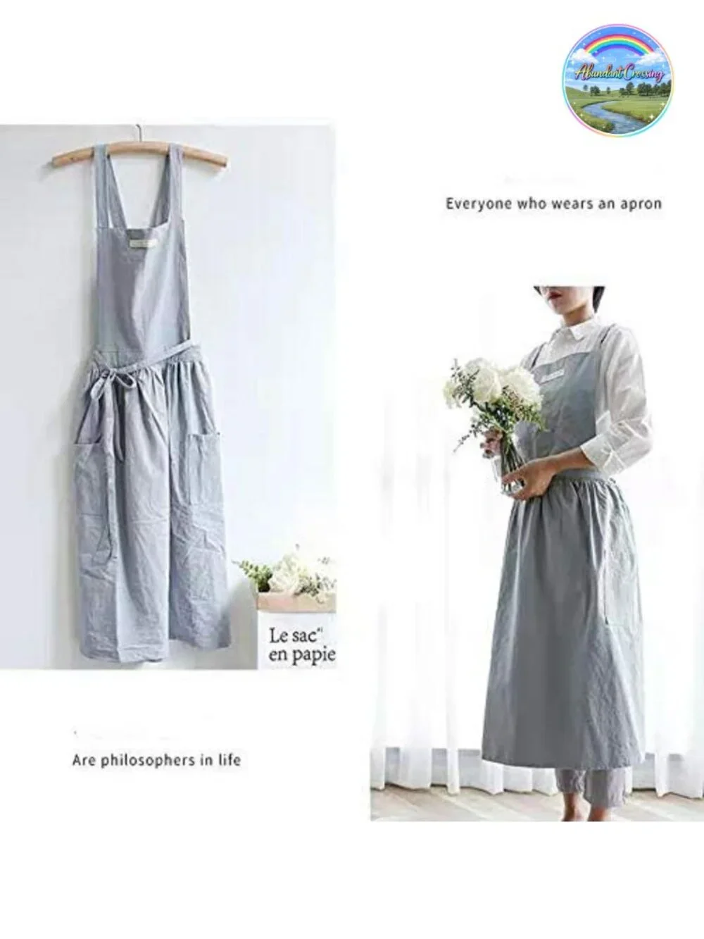 Cotton Linen Apron with Pockets Cross-Back Straps for Kitchen Gardening